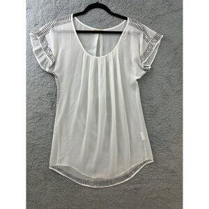 Women Short Sleeve Cream Studded Blouse, Sheer Small/Medium